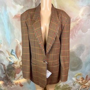 Vintage Brown Plaid Button Up Wool Blazer Faux Suede Shoulders Size 12 Earthtone